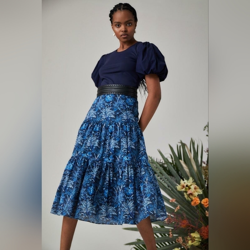 NWT Charlotte Brody NYC Tiered Midi Skirt Cotton Navy Blue Desert Oasis Size 8